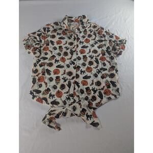Spirit Halloween Shirt Womens Large Cream Halloween Print Tie Front Rayon L